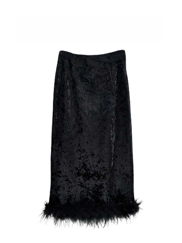 

Бархатная юбка-миди Ele Feather в стиле пэчворк, женская юбка прямого кроя с высокой талией, осень-зима, новая корейская юбка Sle для поездок на работу