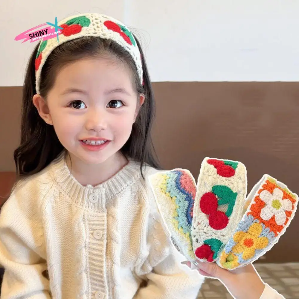 

Elegant Colorful Knitted Kids Headband Crochet Knit Woolen Wide Hair Hoop Embroidery Ethnic Style Children Hair Band Daily