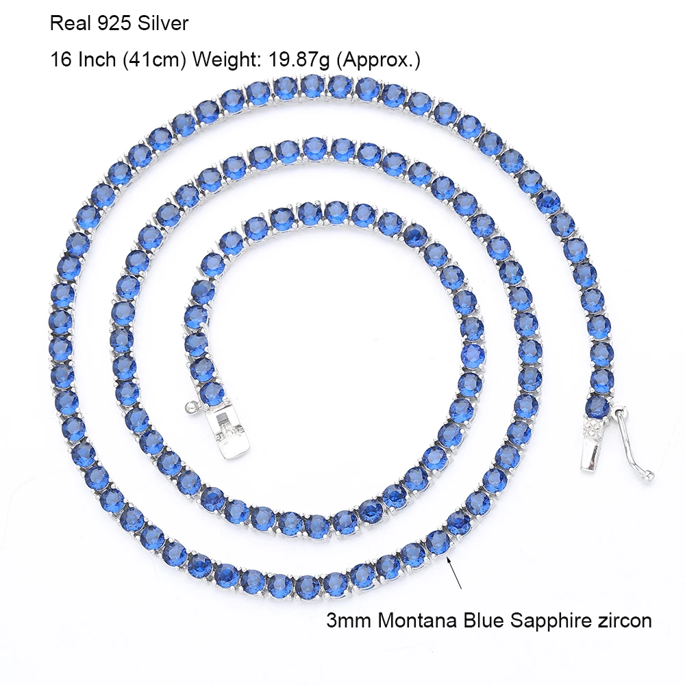 16-24 Inch (41-60cm) Real 925 Sterling Silver Tennis Chain Necklace 3mm Montana Blue Sapphire Zircon Fine Jewelry Choker