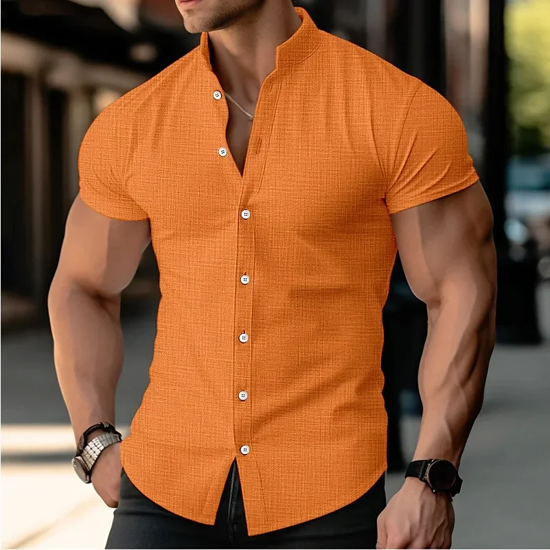 New Summer Europe and The United States Men's Large Size Shirt Youth Home Solid Color Short-sleeved Lapel Shirt Hemp Blouse