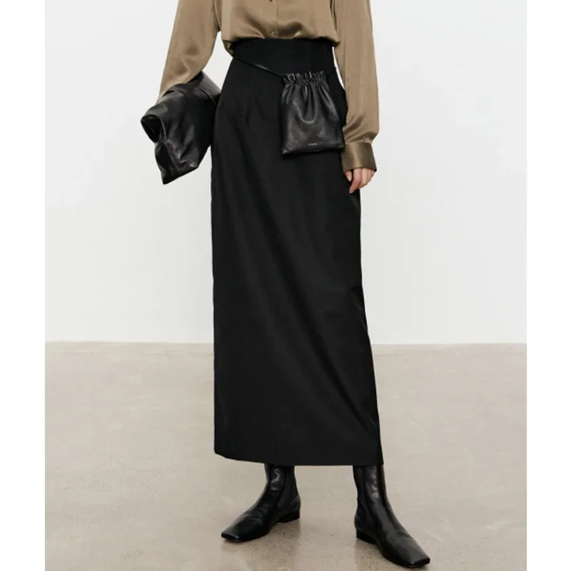 Autumn and Winter Classic Heavy Fiber Slimming Wide Waist Straight Black Skirt for Women