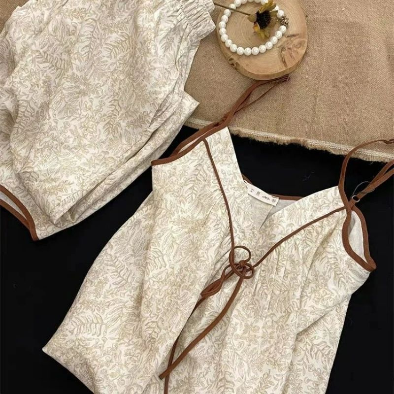 New Chinese Retro Premium Summer Suspender with Chest Pad Pajamas Women  Vest Loungewear Trousers Set National Style Ventilate