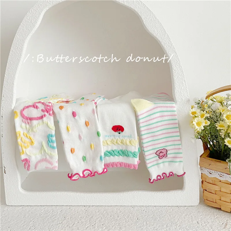 Little Girls Socks Cute Cherry Flowers Socks Autumn Spring Cotton Socks Ruffle Socks 4 Pairs
