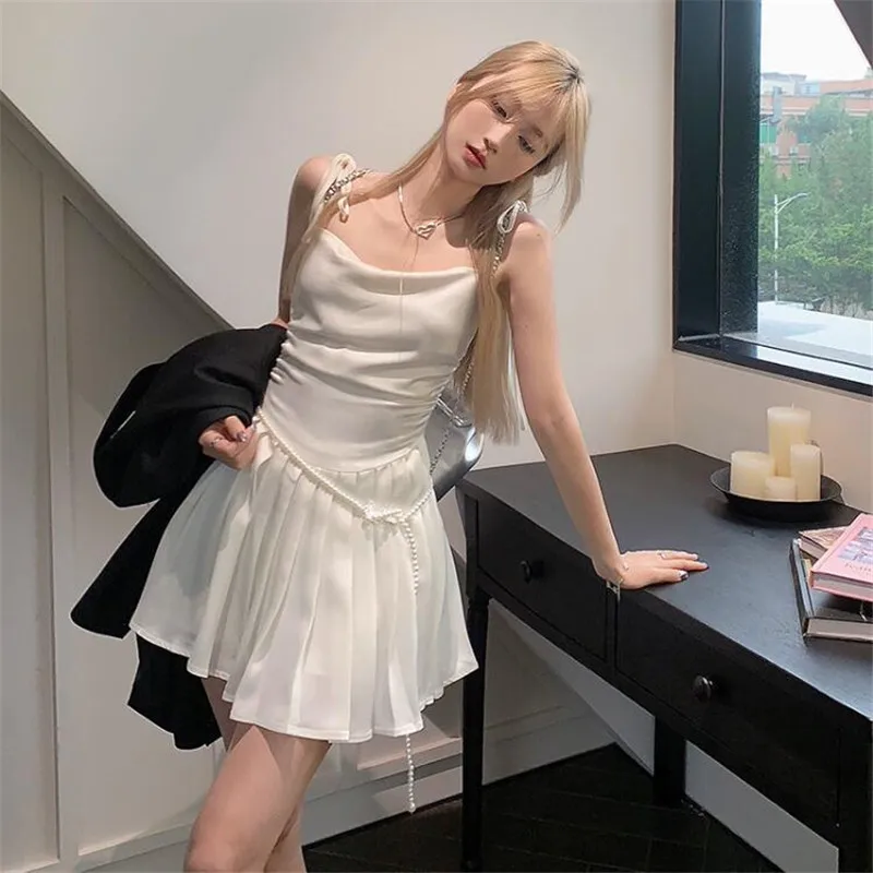 

Summer Hotsweet Y2k Girl Pleated Little Silver White Mini Dress Sexy Sleeveless Fashion Pearl Belt Slash Neck Ballet Strap Dress