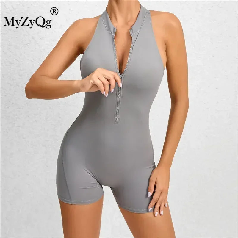 MyZyQg Women Tight Zipper Sports Yoga Playsuits Peach Buttocks One Piece Quick Dry Pleated Fitness  Ballet Dance Aerial Jumpsuit