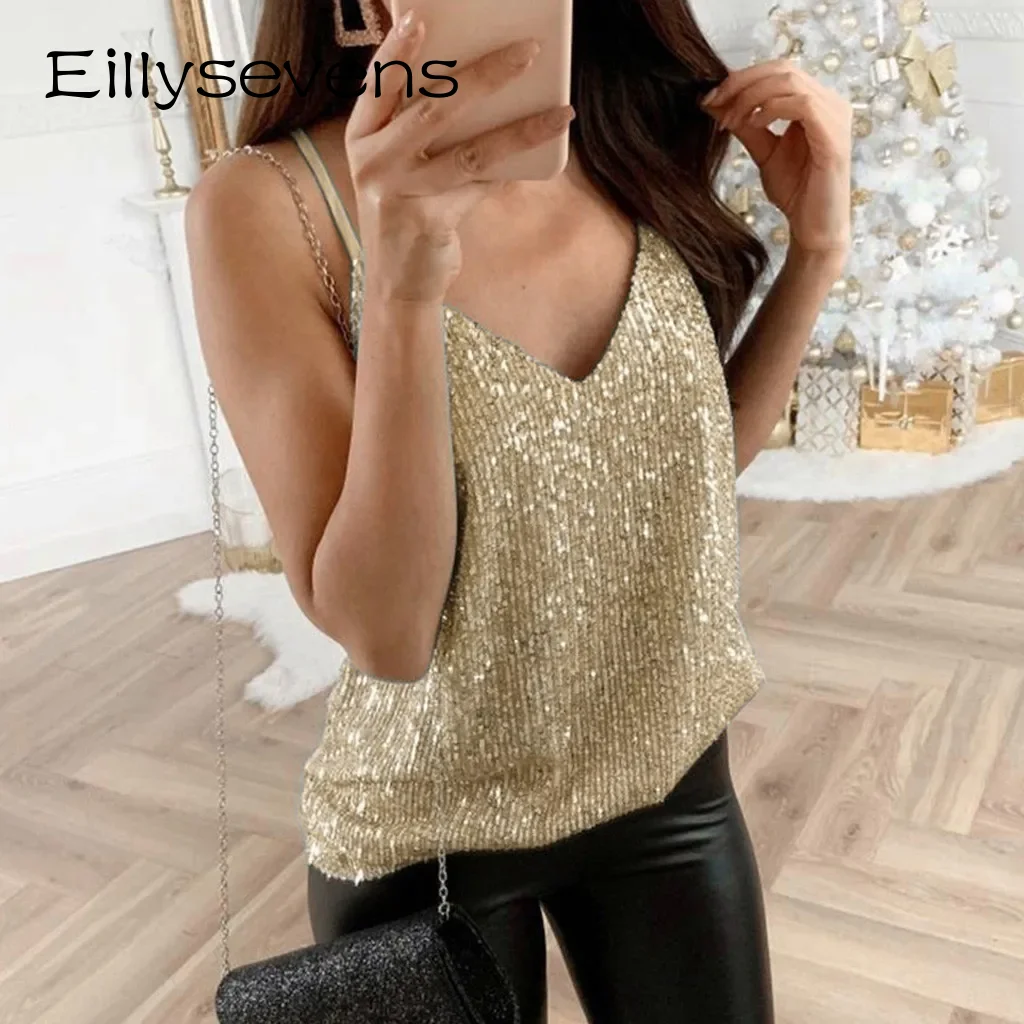 

Women 2024 Sexy Camisole Sequined Tank Camis Summer Glitter Beach Club Show Wear Tank Tops Blouse Y2k Streetwear