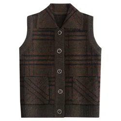 XL-4XL Warm Women Vest New Lapel Sleeveless Sweater Top Plaid Middle Aged Mother Knitwear Jacket Grandma Cardigan Waistcoat