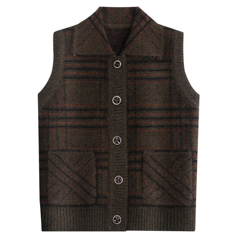 XL-4XL Warm Women Vest New Lapel Sleeveless Sweater Top Plaid Middle Aged Mother Knitwear Jacket Grandma Cardigan Waistcoat