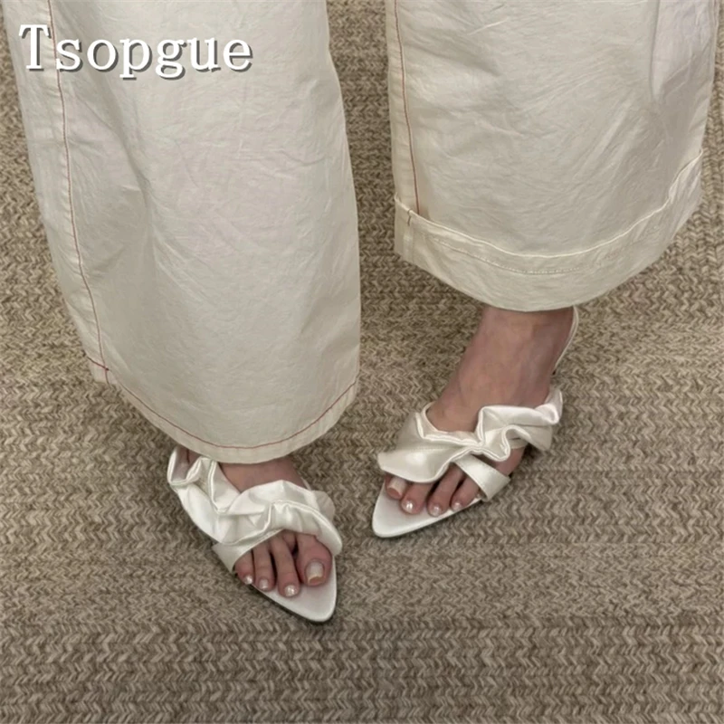 Elegant Women Satin Ruffle Decor Mule Sandals Open Toe Stiletto Slippers Trendy Wedding Bridal Evening Party Dress High Heels