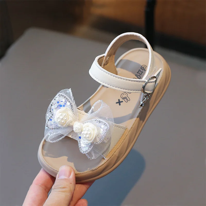 

2024 Sequin Bowtie Sandals Girls' Princess Shoes for Girls Kids Hook Loop Sandal Open Toe Children's Teenager Sunmmer Shoe 27-38