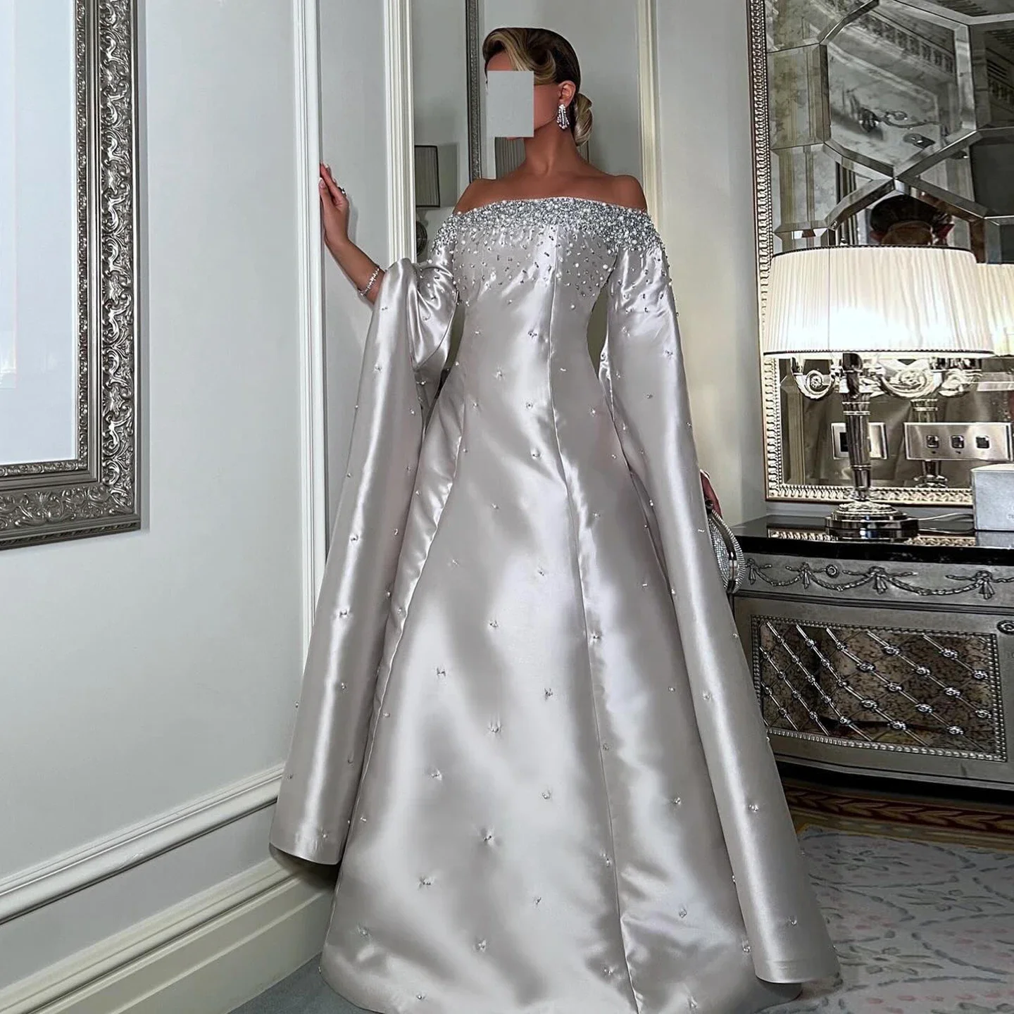 

Sharon Said Exquisite Gray Arabic Off Shoulder Evening Dress with Cape Sleeve for Luxury Dubai Wedding Party Gowns SS575 Custom