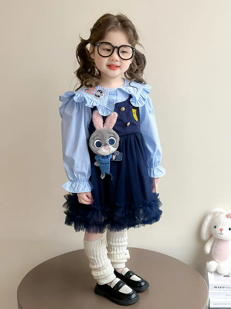 Girls' Bunny Officer Dress2025Spring and Autumn New Fashionable Children's Girl's College Style Mesh Princess Dress