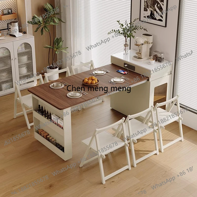 

​​Foldable & Extendable Solid Wood Narrow Kitchen Island Multifunctional Compact Cream Dining Table Cabinet Small Space ​​