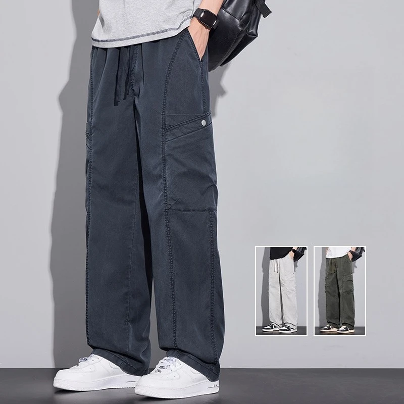 2026 New Arrival Men's Cargo Jeans Straight Leg Casual Pants Summer Lyocell Denim Trousers Multi Functional Pocket Work Trousers