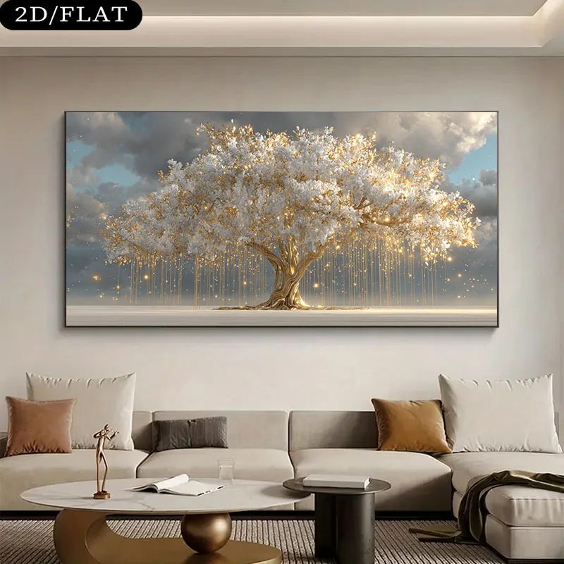 2D/Flat Modern Minimalist Dynamic Golden Tree Canvas Wall Art - Frameless  Abstract Branches Canvas Prints for Living Room Decor