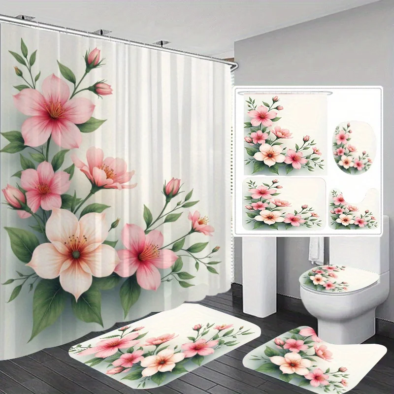 

Набор из 4 предметов с красивым цветочным принтом, занавеска для душа, нескользящий напольный коврик, чехол на сиденье унитаза, коврик для ванной комнаты и крючки