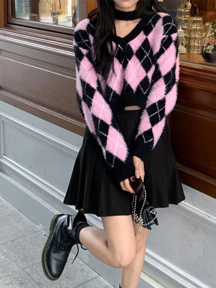 QWEEK Korean Fashion Plaid Sweater Women Harajuku Sweet Pink Sexy V Neck Pullover Kpop Long Sleeve Knitted Tops Autumn Winter