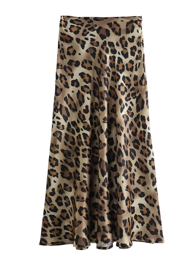 HOUZHOU-faldas largas de satén con estampado de leopardo para mujer, Falda Midi de cintura alta ajustada informal, ropa de calle elegante para mujer, Verano