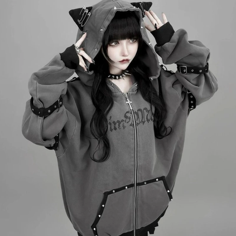 Gothic Punk Mäntel mit Kapuze Damen Casual Y2k Kleidung Japanische Harajuku Sweatshirts 2000er Jahre American Vintage Jacken
