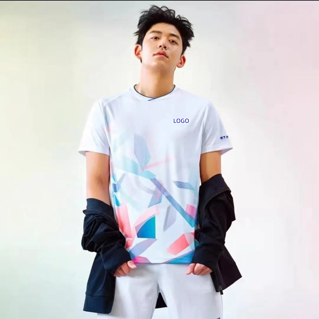 Customized men\'s and women\'s badminton T-shirt quick drying breathable V-neck tennis training clothes can be customized LOGO