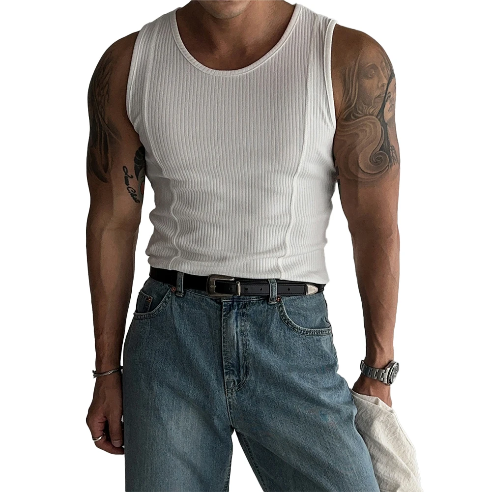 Male Top Mens Vest Activewear Bodybuilding Breathable Casual O-Neck Regular Sleeveless Slim Stripe Tank Top Fitness