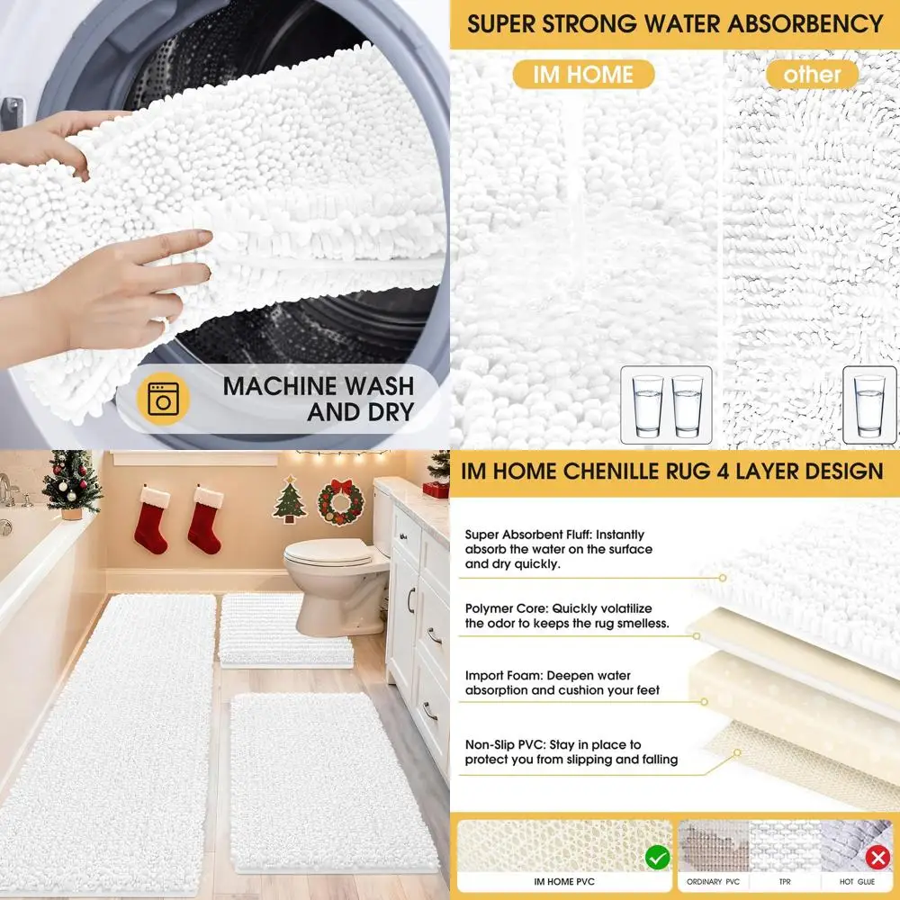 

Ультраплюшевый комплект белых ковриков для ванной комнаты из 3 предметов — толстые впитывающие коврики с нескользящим синельным ковриком для унитаза для ванной, спальни, кухни
