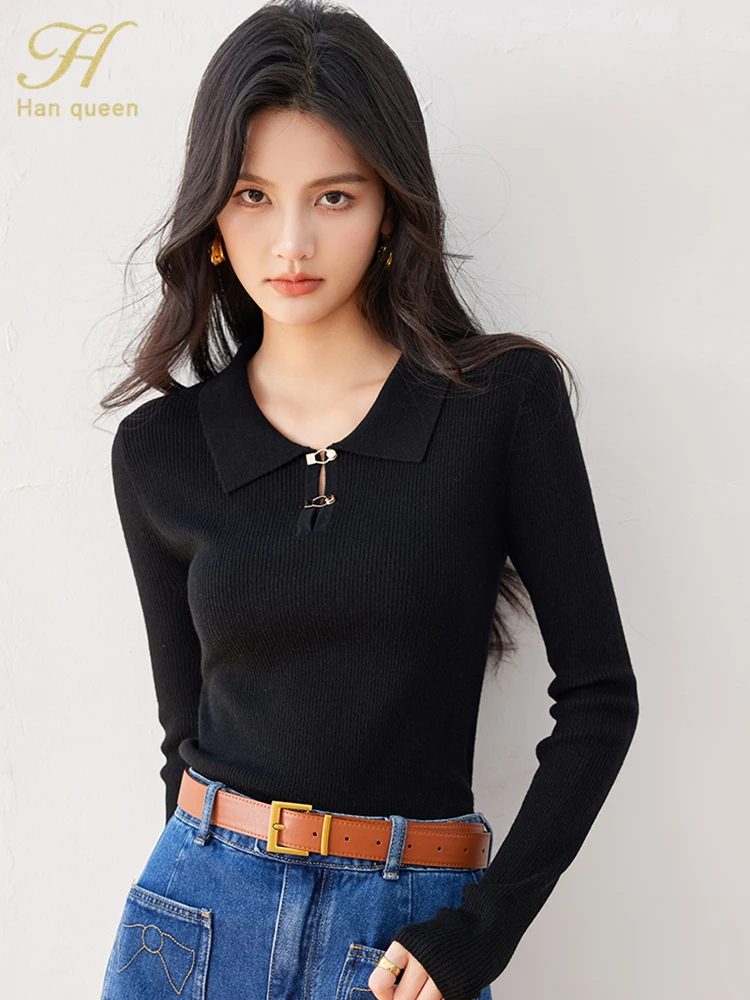 H Han Queen New Women\'s Sweater Long Sleeve Work Casual Tops Loose metal buckle Vintage Pullover Korean Syle Women\'s Clothing