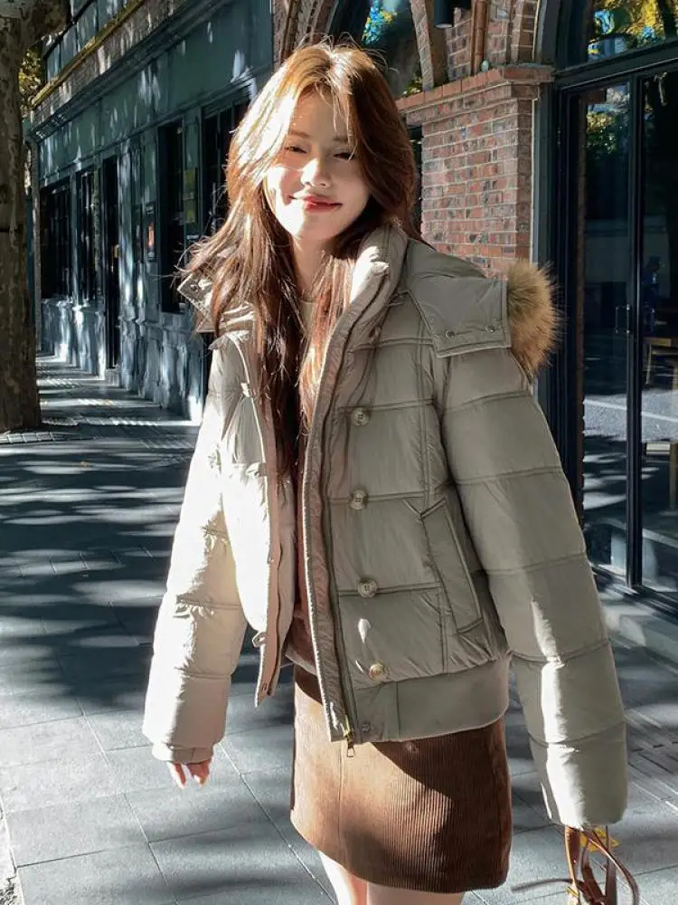

Winter New Women's Blue Hooded Long Sleeve Short Down Cotton Coat Korean Fashion Khaki Holiday Zipper Jacket Popular Streetwear