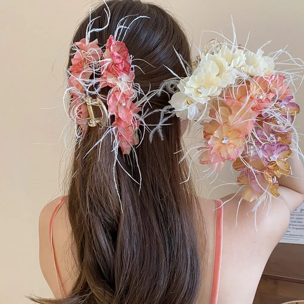 Cloth Flower Hair Claw Simulated Flower Ponytail Holder Sweet Hair Catches Hair Accessories Headdress Feather Hair Crab Clip