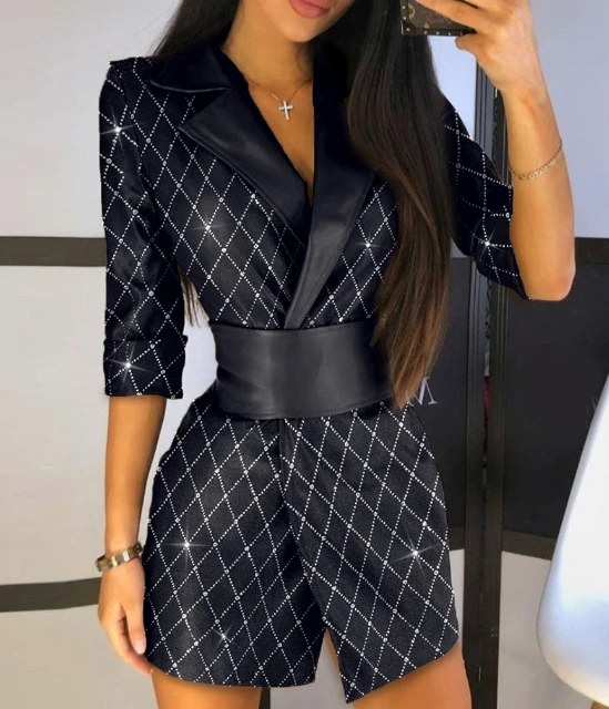 Women Dress Elegant Basic Casual Fashion PU Leather Rhinestone Decorative Notched Collar Long Sleeve Slim Fit Blazer Dress