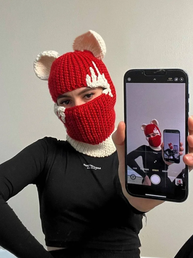 Cute Full Face 모자 Cover Ski Mask Hat with Bear Ear Balaclava Knitted Hats Windproof Skullies Beanies Winter Warm Unisex Caps