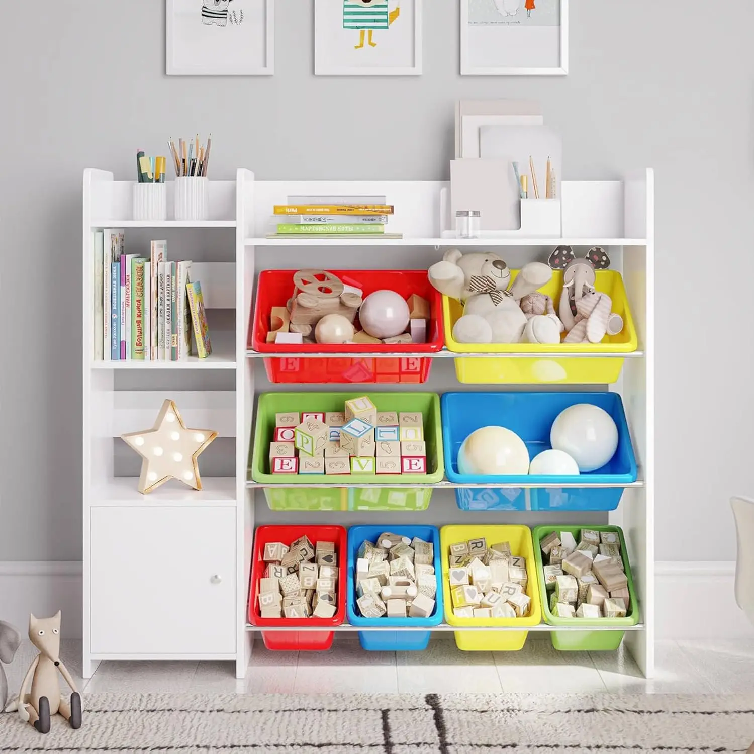 

Toy Storage Organizer with Bookshelf, Kids Playroom Organization Shelving Unit with Removable Colorful Storage Bins & An