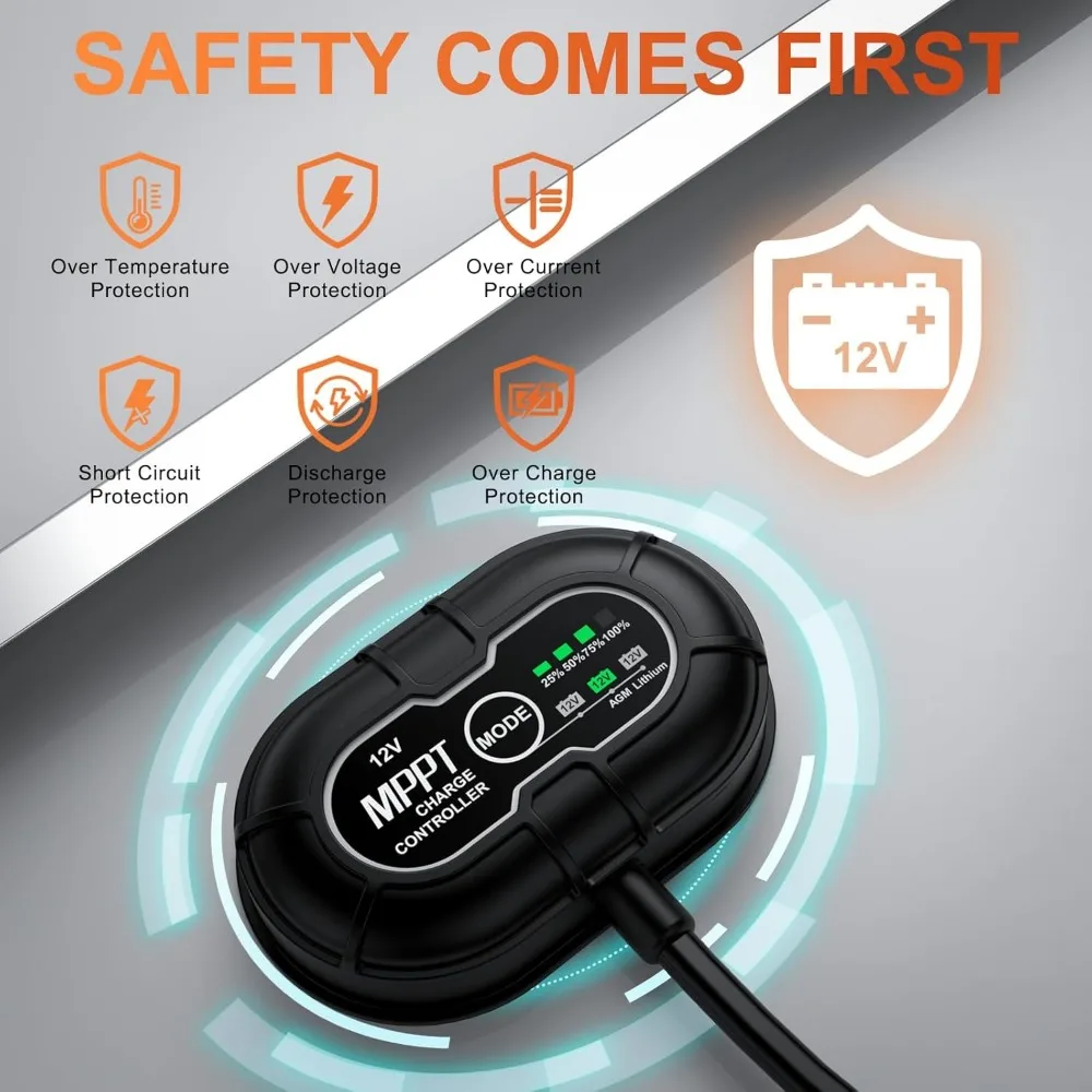 شاحن بطارية شمسية 12 فولت 30 وات مع وحدة تحكم MPPT، حامل قابل للتعديل، لوحة مقاومة للماء لـ SLA AGM LiFePO4