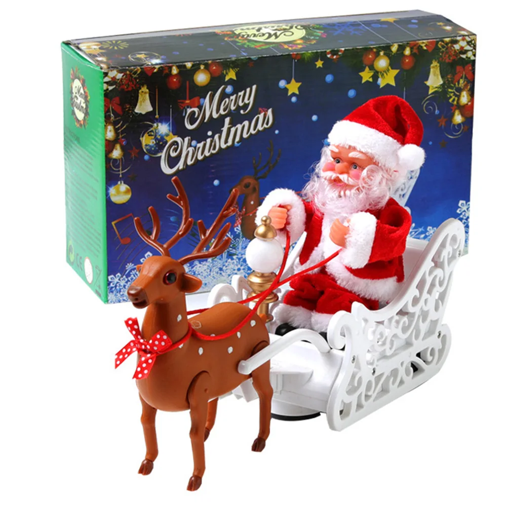 Electric Santa and Reindeer Sleigh Toys Electric Doll Singing and Dancing Santa Claus Doll Elk Sled Toy with Music Kids Toys