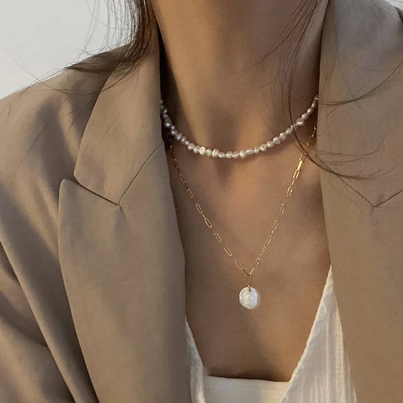 French Retro Link Chain Natural Freshwater Pearl Pendant Necklaces for Women Ladies Gold Color Chain Multilayers Choker Necklace