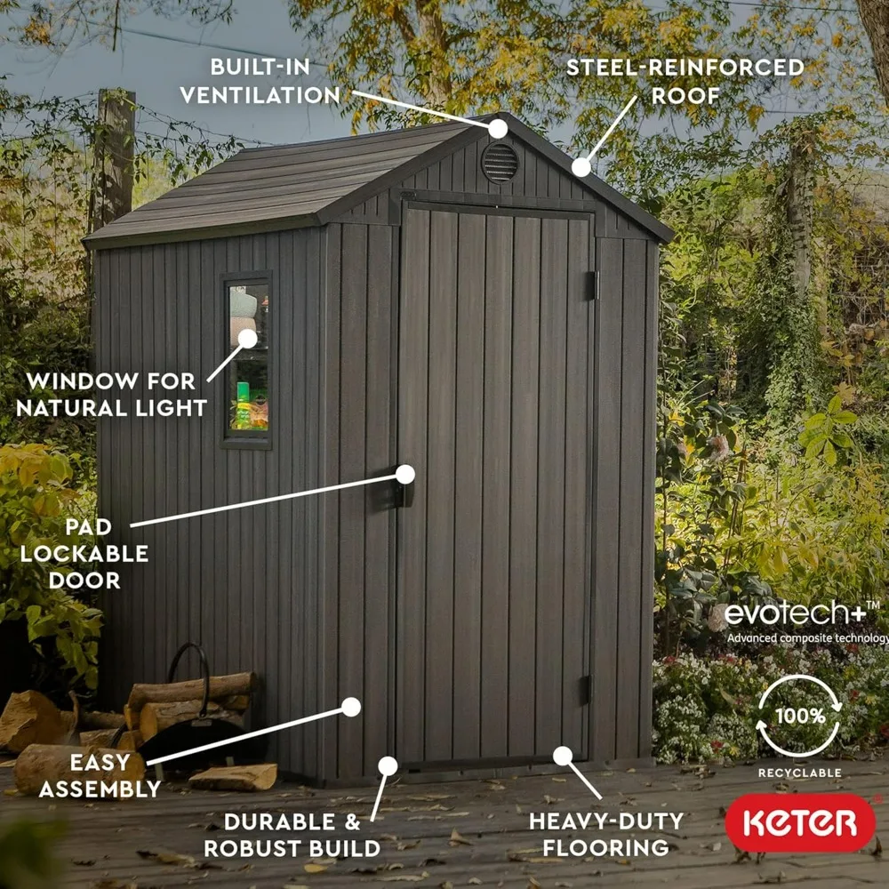 4x6 Ft All-Weather Storage Shed with Window, Built-in Ventilation, Customizable Walls, & Lockable Single Door, Graphite Grey