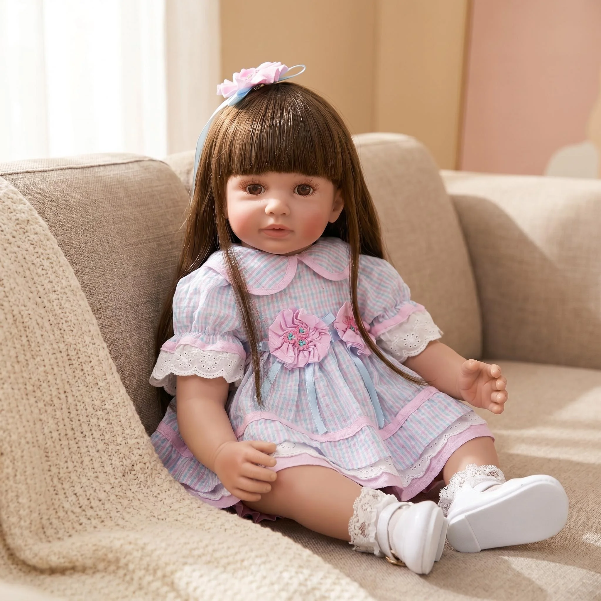 NPK Realistic Newborn Baby Doll 24 Inch Awake Lifelike Toddler Doll Handmade Cloth Body Long Hair Simulation Doll For Children Collection