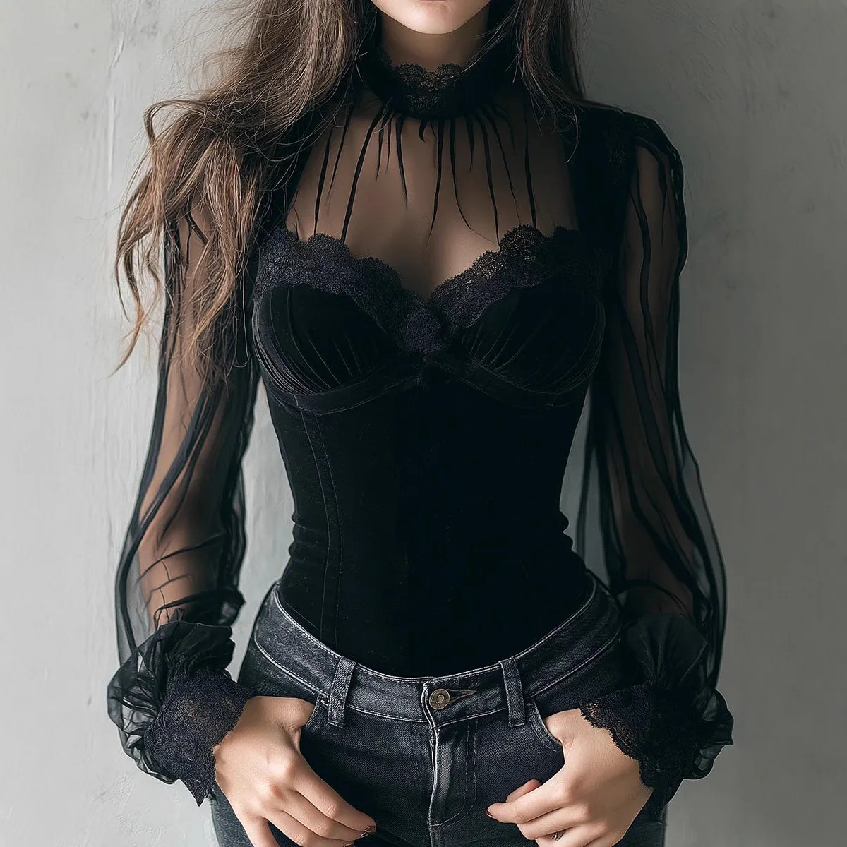 

Mesh Splicing Black Lace Hollow Lace Top Lantern Sleeves Lace Base Shirt