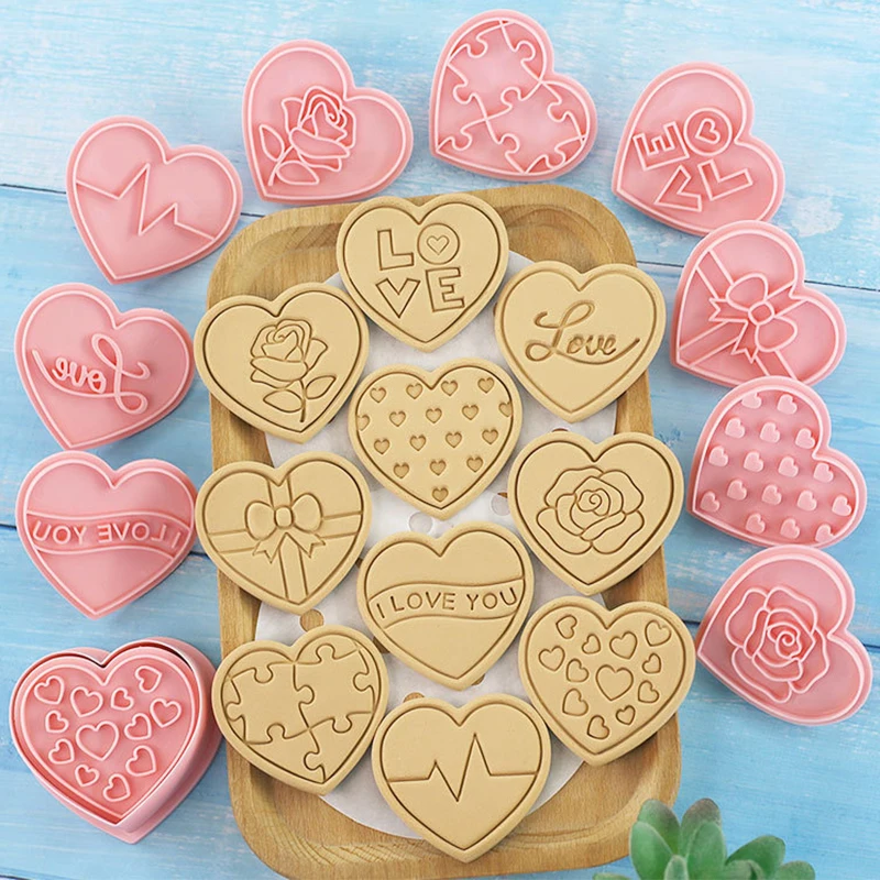 10Pcs/set Heart Shaped Cookie Stamps Valentine's Day 3D Cookie Cutters DIY Press Molds For Love You Flower Heart Cookie Cutters