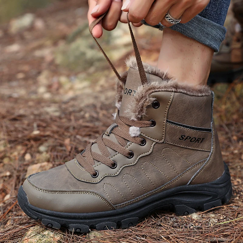 أحذية الثلوج للرجال أحذية الشتاء غير رسمية منصة عدم الانزلاق الدافئة الفراء حذاء من الجلد أفخم القتالية في الهواء الطلق المشي لمسافات طويلة دراجة نارية الأحذية #1