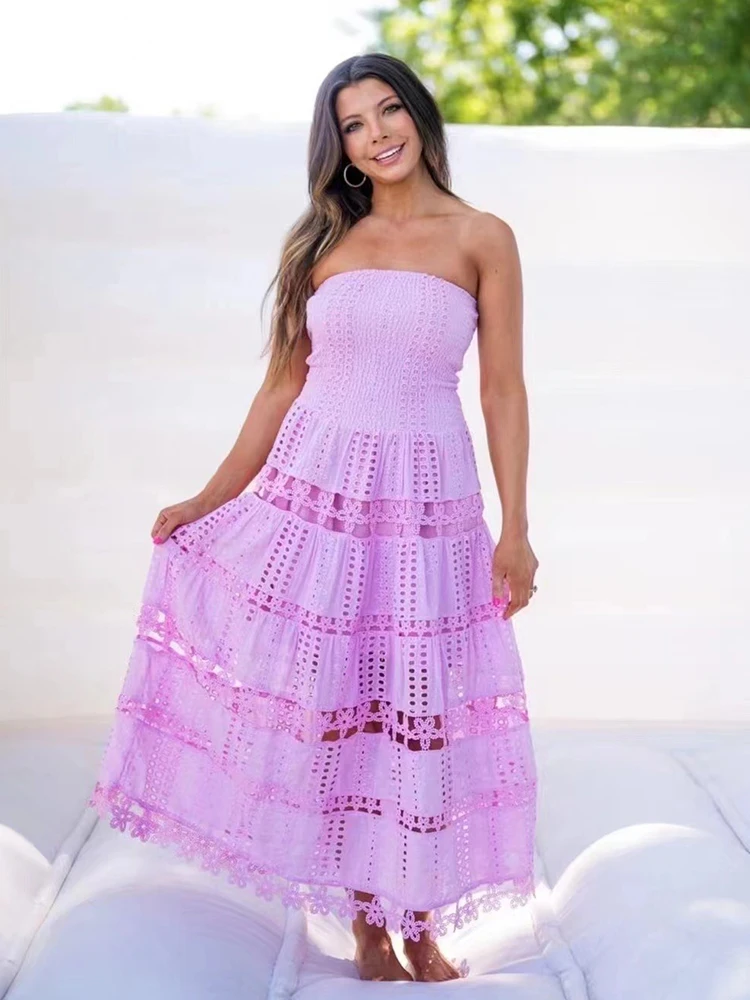 

2025 summer women's embroidery hollow sexy halter halter top high waist dress Fashion multi-level decal loose pouf skirt