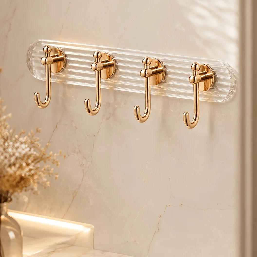 No-Drill Adhesive Wall-Mounted Hook, Acrylic Rose Golden Towel And Clothing Rack, Transparent Base Design, Suitable for Bathroom