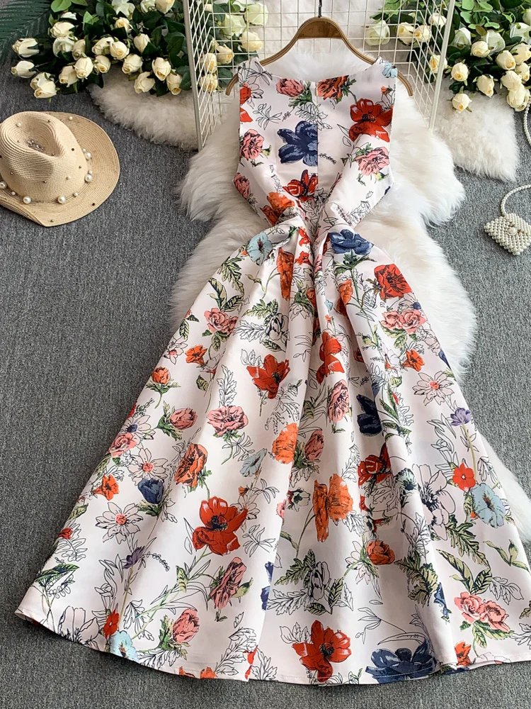 Vestido F E Estampado Sem Mangas com Saia Godê, Cintura Alta, Efeito Emaecedor, Novo Estilo Coreano para o Ve...