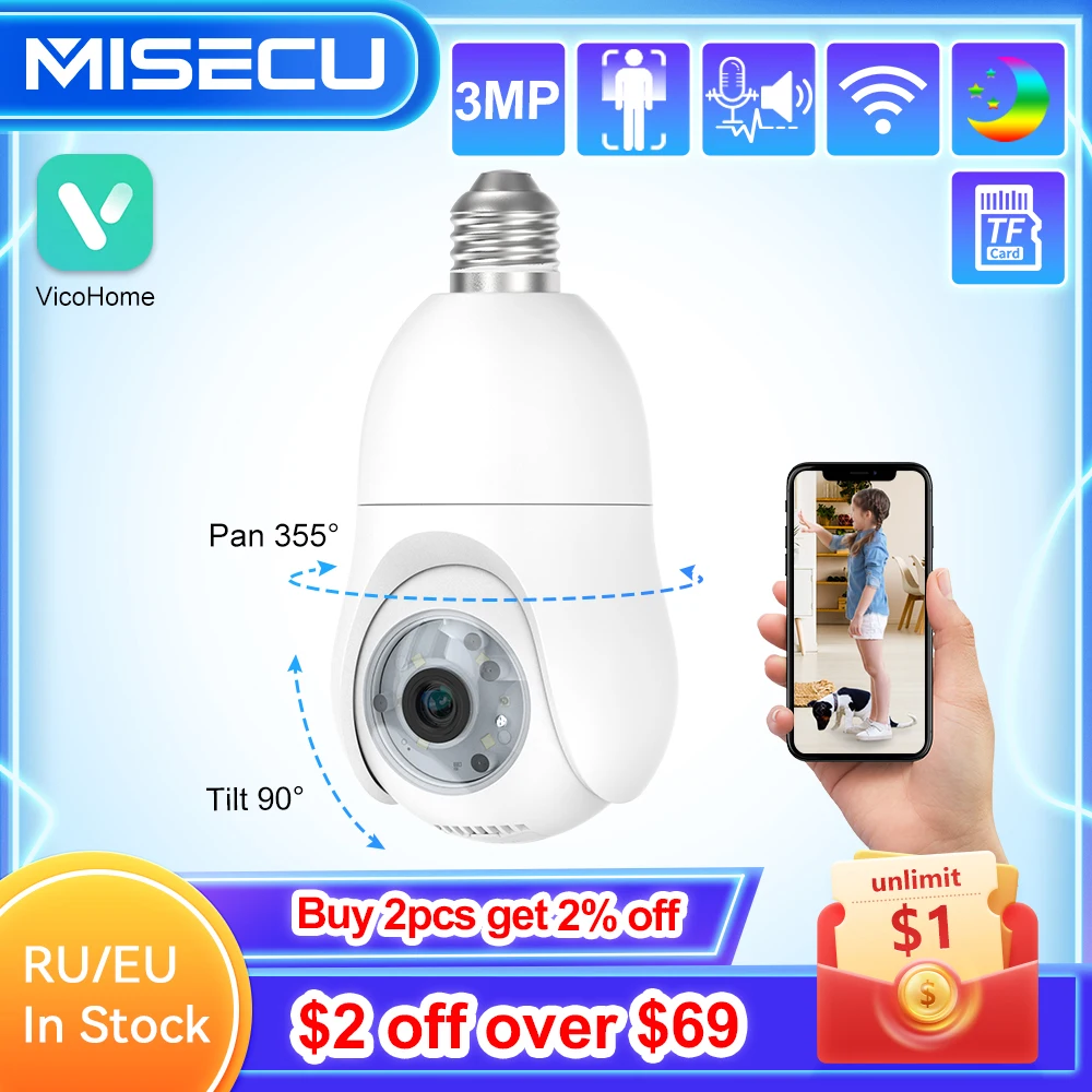 MISECU WIFI 3MP Bulb Surveillance Camera PTZ Wireless Indoor Two-way Audio PIR Human Detection Auto Tracking Security IP Camera