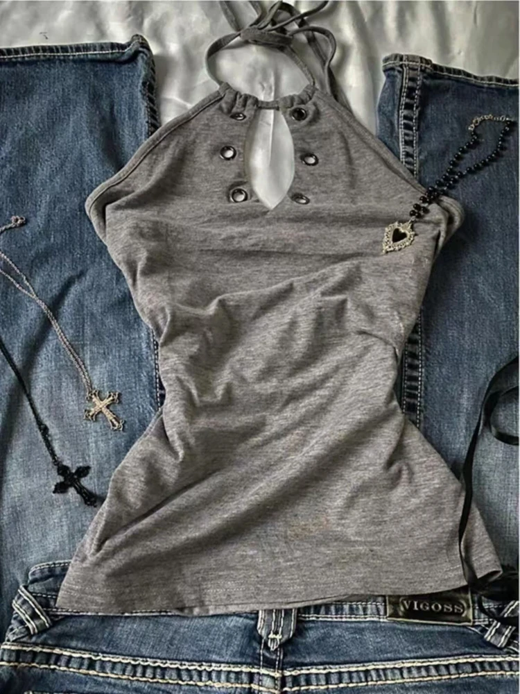 Y2k Vintage Polo Shirt Woman Gothic Slim V-neck Button American Letter Print T-shirts Punk Short Sleeve Harajuku 90s Rock Tees