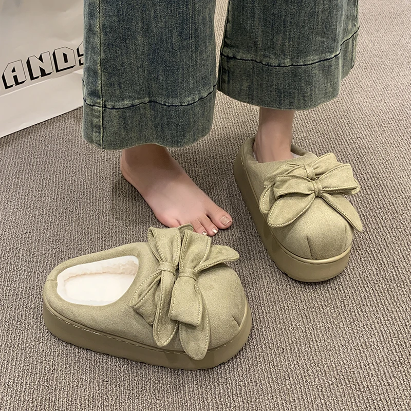Pantofole alla moda da donna con suola spessa, a forma di fiocco, in pile, calde, alla moda, versatili, comode, antiscivolo e traspiranti