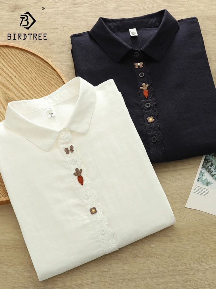 

Новинка 2025, осенняя рубашка с длинными рукавами из хлопковой пряжи, женская милая свободная блузка с лацканами и вышивкой, милая свободная блузка в консервативном стиле Mori Girl T59923CC