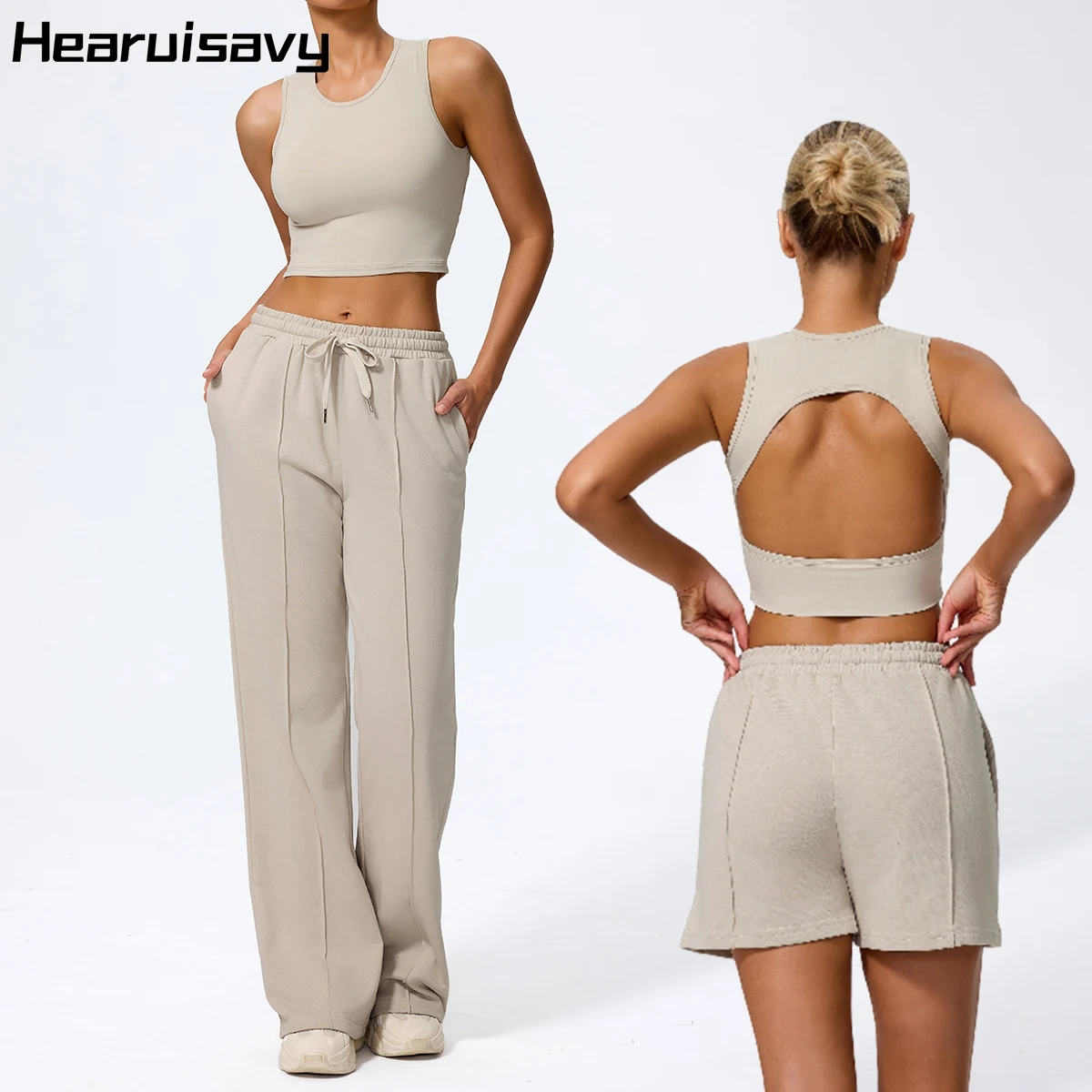Hearuisavy 2 قطعة السراويل الرياضية النسائية مجموعات اليوغا القمم الإناث مستقيم صالح Sweatpants تشغيل الدراجات تجريب سترة ملابس رياضية للصالة الرياضية