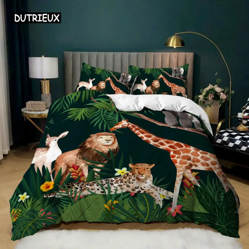 Animal Duvet Cover Set King Twin Size Elk Giraffe Lion Tiger Pattern Bedding Set Microfiber Rainforest Animals Theme Quilt Cover