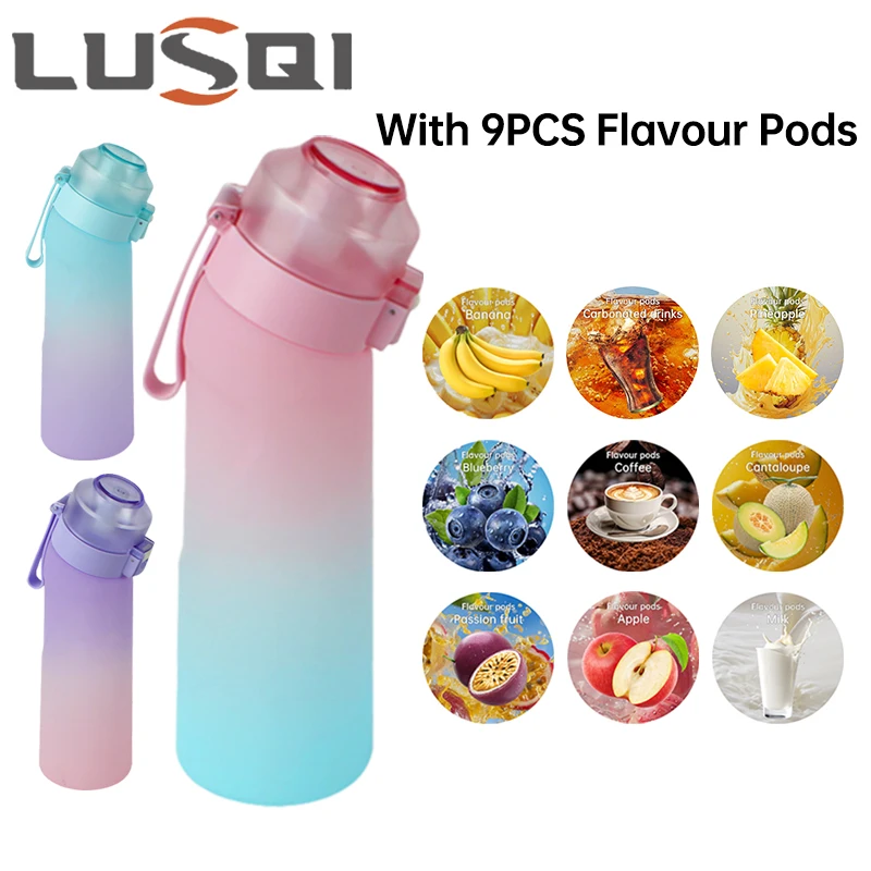 LUSQI 650ML Air Flavored Water Bottle With 9 Flavor Ring Sports Fashion Straw Plastic Cup Suitable for Outdoor Sports Fitness